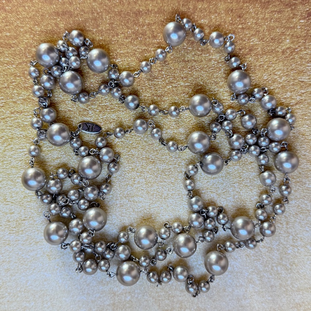 JEWEL KADE Elegant Long Necklace Gray Glass Pearl Mixed Sizes Silver 60"